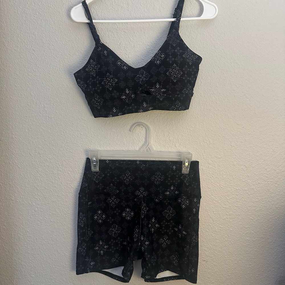 Black Floral Women's Sports Bra and Biker Short Set